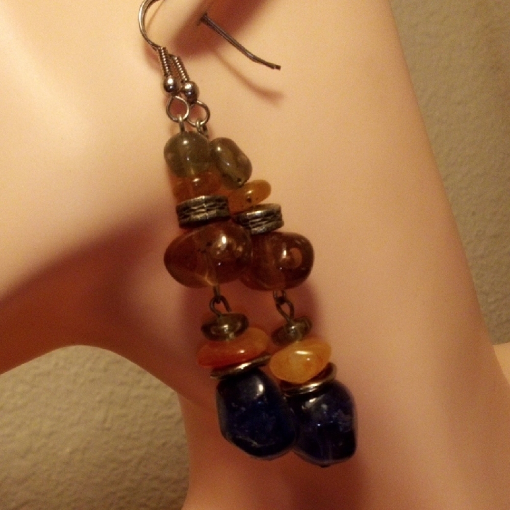 Handmade Multicolor Bead Drop Earrings - Blue, Amber & Olive